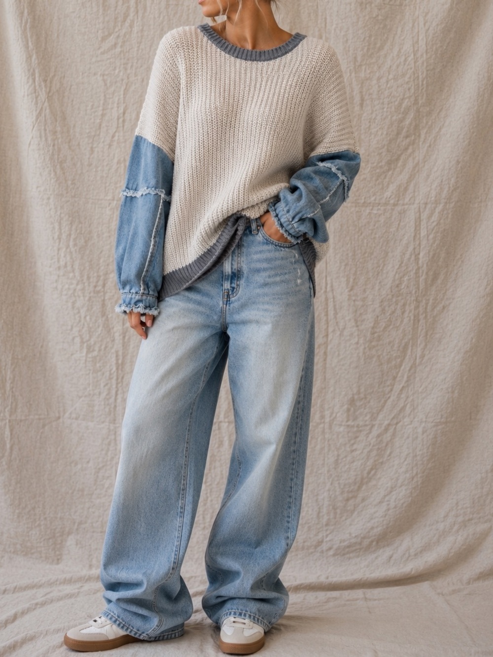 Oversized Mixed Media Chunky Knit Frayed Denim Sleeve Sweater M/L